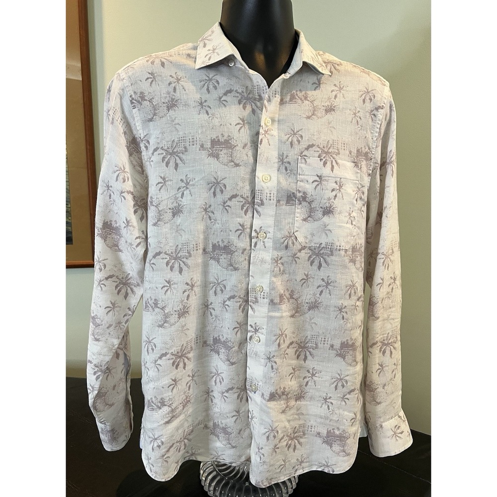 Tommy Bahama Mens M Linen Blend Cream/Grey Tropical Print Button Up Long sleeve